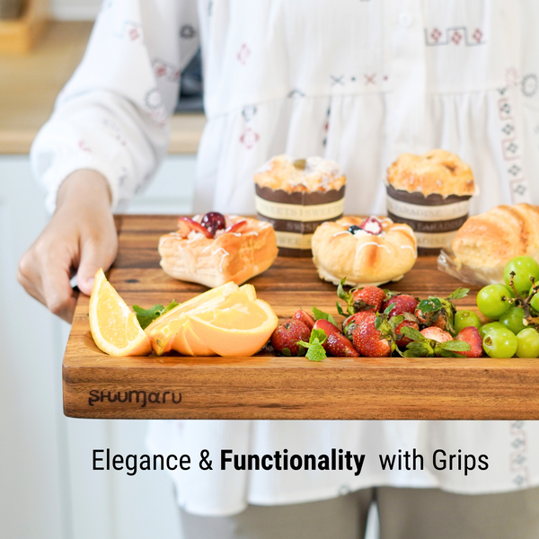 SHUMARU Tropical Walnut Wood Cutting Board – 17x13x1.6" Charcuterie | Handmade in Bali - Silky-Smooth, Juice Groove, Sorting Compartment, Knife‑Friendly, Ergonomic Grips & Non‑Slip Feet