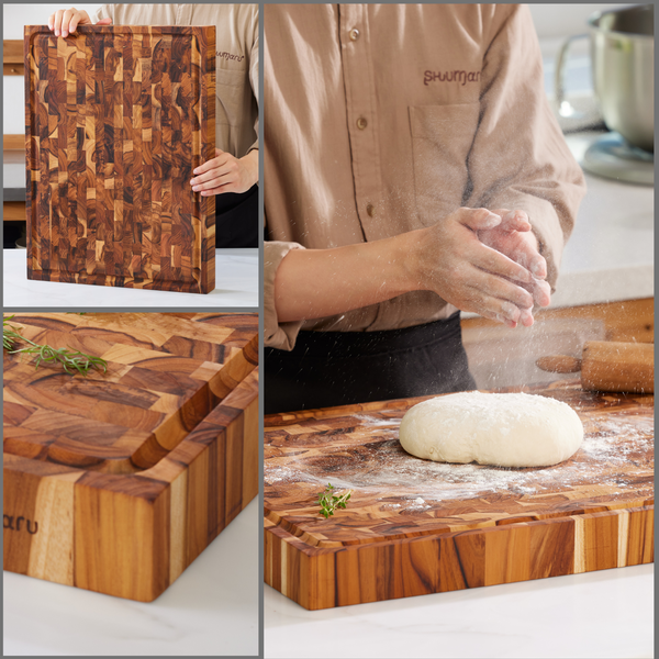Teak End-Grain Wood Cutting Board - XL 24x18x2.25” Butcher Block | Handmade in Bali - Silky-Smooth, Juice Groove, Knife‑Friendly, Ergonomic Grips & Non‑Slip Feet
