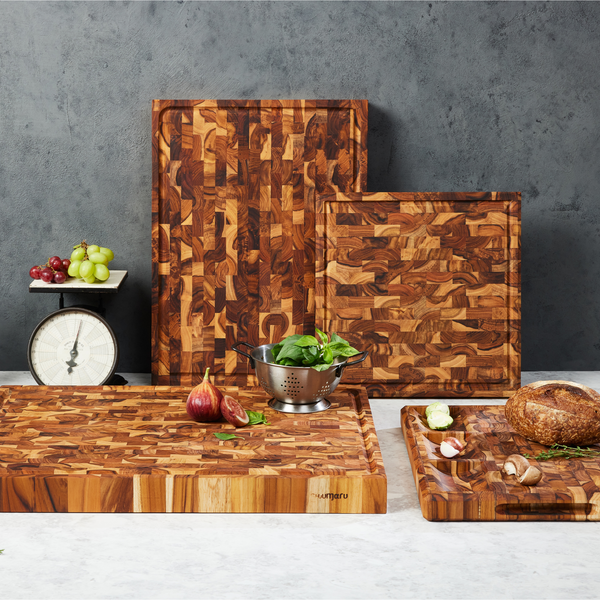 Teak End-Grain Wood Cutting Board - XL 24x18x2.25” Butcher Block | Handmade in Bali - Silky-Smooth, Juice Groove, Knife‑Friendly, Ergonomic Grips & Non‑Slip Feet