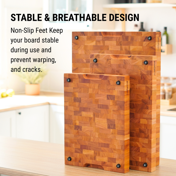 Mahogany End-Grain Wood Cutting Board – 24×18×2″ Butcher Block | Handmade in Bali – Silky-Smooth, Juice Groove, Knife‑Friendly, Ergonomic Grips & Non‑Slip Feet