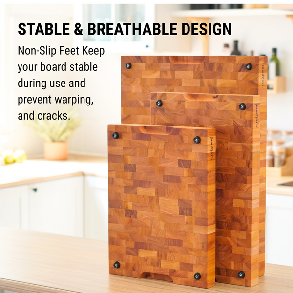 Mahogany End-Grain Wood Cutting Board – 20×13×1.6″ Butcher Block | Handmade in Bali – Silky-Smooth,  Knife‑Friendly, Ergonomic Grips & Non‑Slip Feet