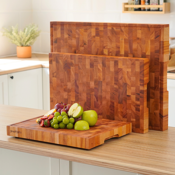 Mahogany End-Grain Wood Cutting Board – 24×18×2″ Butcher Block | Handmade in Bali – Silky-Smooth, Juice Groove, Knife‑Friendly, Ergonomic Grips & Non‑Slip Feet