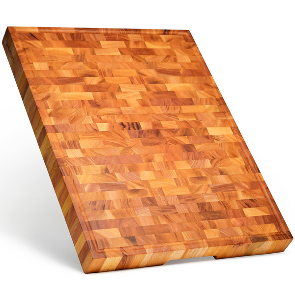 Mahogany End-Grain Wood Cutting Board – 24×18×2″ Butcher Block | Handmade in Bali – Silky-Smooth, Juice Groove, Knife‑Friendly, Ergonomic Grips & Non‑Slip Feet