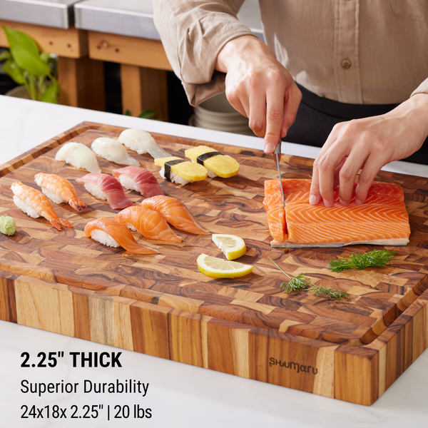 Teak End-Grain Wood Cutting Board - XL 24x18x2.25” Butcher Block | Handmade in Bali - Silky-Smooth, Juice Groove, Knife‑Friendly, Ergonomic Grips & Non‑Slip Feet