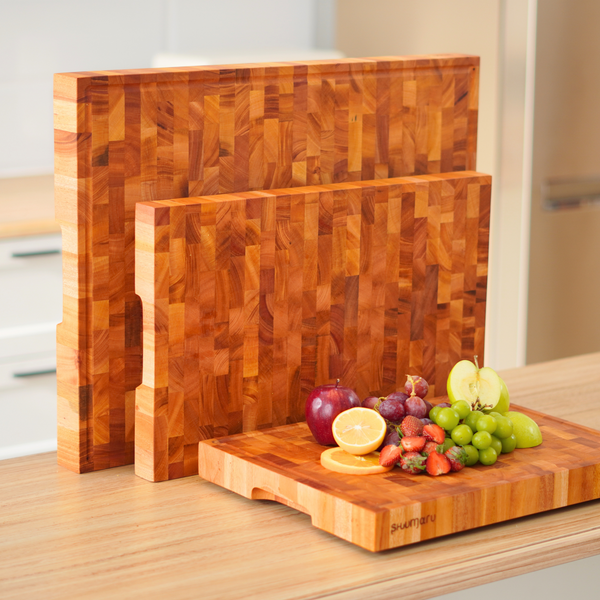Mahogany End-Grain Wood Cutting Board – 20×13×1.6″ Butcher Block | Handmade in Bali – Silky-Smooth,  Knife‑Friendly, Ergonomic Grips & Non‑Slip Feet