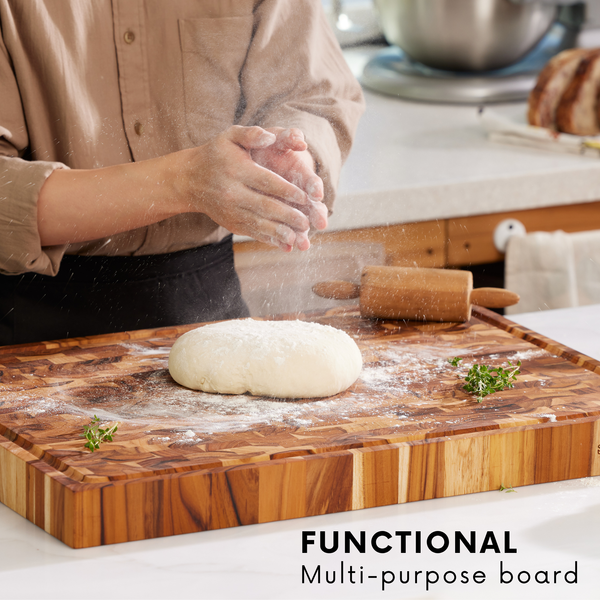 Teak End-Grain Wood Cutting Board - XL 24x18x2.25” Butcher Block | Handmade in Bali - Silky-Smooth, Juice Groove, Knife‑Friendly, Ergonomic Grips & Non‑Slip Feet