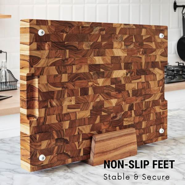 Teak End-Grain Wood Cutting Board - XL 24x18x2.25” Butcher Block | Handmade in Bali - Silky-Smooth, Juice Groove, Knife‑Friendly, Ergonomic Grips & Non‑Slip Feet
