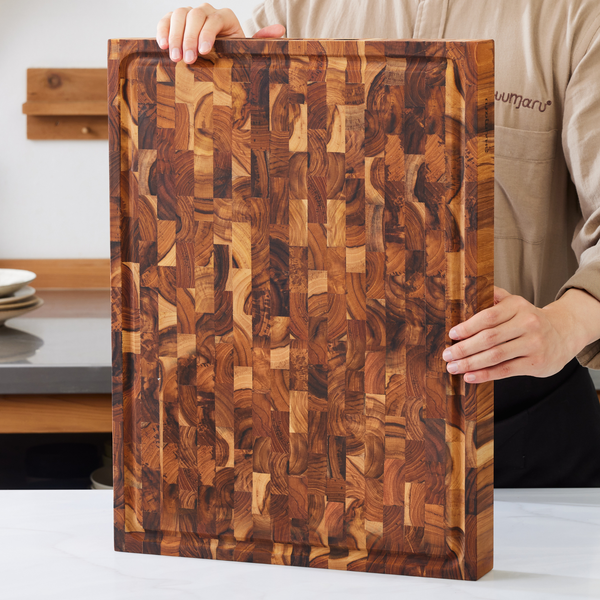 Teak End-Grain Wood Cutting Board - XL 24x18x2.25” Butcher Block | Handmade in Bali - Silky-Smooth, Juice Groove, Knife‑Friendly, Ergonomic Grips & Non‑Slip Feet