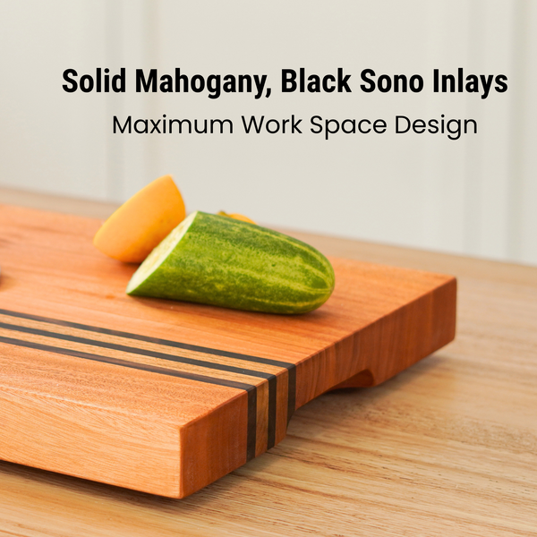 Mahogany Wood Cutting Board – Large 19x12x1.6” | Handmade in Bali with Black Sono Wood Inlays – Silky-Smooth, Knife-Friendly, Non-Slip Feet