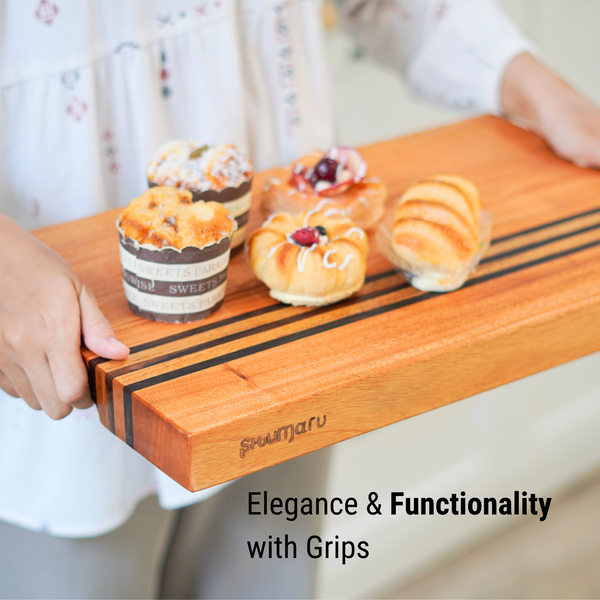 Mahogany Wood Cutting Board – Large 19x12x1.6” | Handmade in Bali with Black Sono Wood Inlays – Silky-Smooth, Knife-Friendly, Non-Slip Feet
