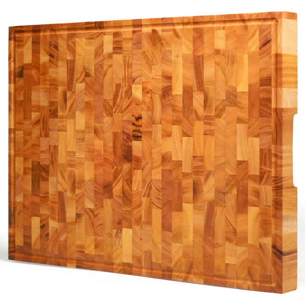 Mahogany End-Grain Wood Cutting Board – 24×18×2″ Butcher Block | Handmade in Bali – Silky-Smooth, Juice Groove, Knife‑Friendly, Ergonomic Grips & Non‑Slip Feet