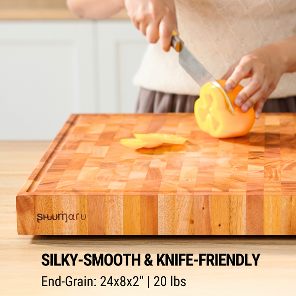 Mahogany End-Grain Wood Cutting Board – 24×18×2″ Butcher Block | Handmade in Bali – Silky-Smooth, Juice Groove, Knife‑Friendly, Ergonomic Grips & Non‑Slip Feet