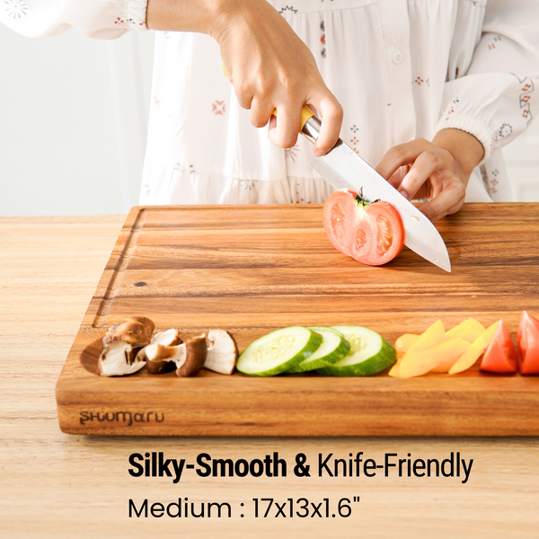 SHUMARU Tropical Walnut Wood Cutting Board – 17x13x1.6" Charcuterie | Handmade in Bali - Silky-Smooth, Juice Groove, Sorting Compartment, Knife‑Friendly, Ergonomic Grips & Non‑Slip Feet