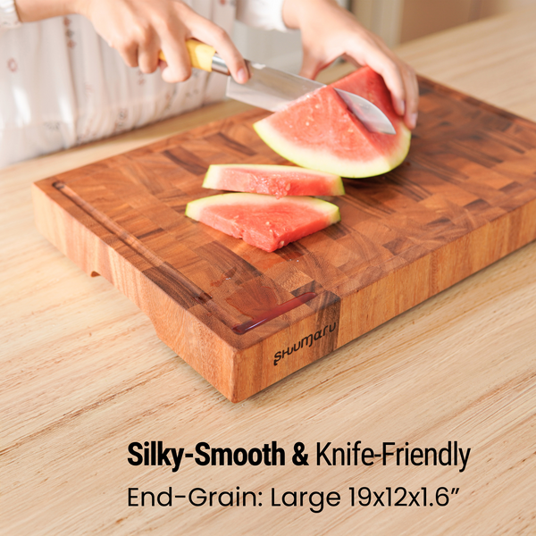 SHUMARU Tropical Walnut End-Grain Wood Cutting Board – Large 19X12X2" Butcher Block | Handmade in Bali - Silky-Smooth, Juice Groove, Knife‑Friendly, Ergonomic Grips & Non‑Slip Feet