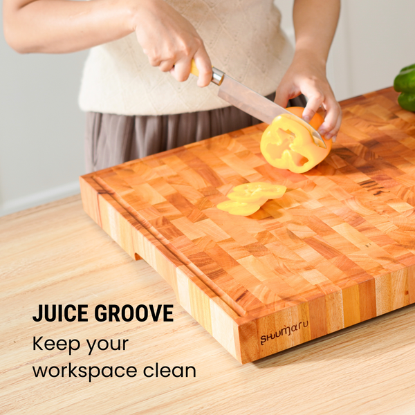 Mahogany End-Grain Wood Cutting Board – 24×18×2″ Butcher Block | Handmade in Bali – Silky-Smooth, Juice Groove, Knife‑Friendly, Ergonomic Grips & Non‑Slip Feet