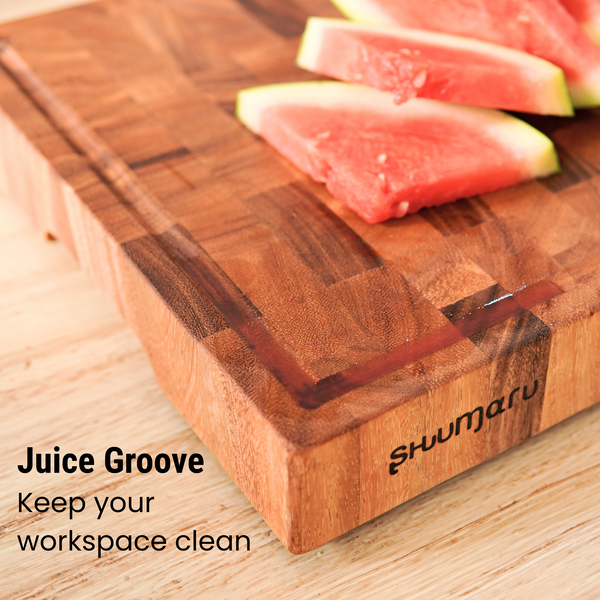 SHUMARU Tropical Walnut End-Grain Wood Cutting Board – Large 19X12X2" Butcher Block | Handmade in Bali - Silky-Smooth, Juice Groove, Knife‑Friendly, Ergonomic Grips & Non‑Slip Feet