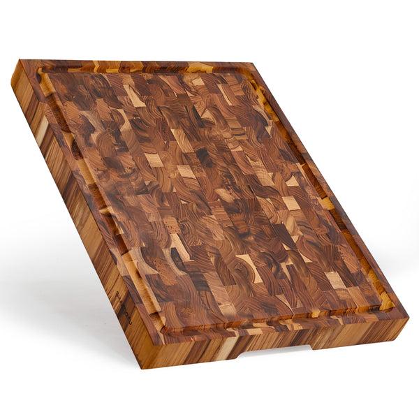 Teak End-Grain Wood Cutting Board - XL 24x18x2.25” Butcher Block | Handmade in Bali - Silky-Smooth, Juice Groove, Knife‑Friendly, Ergonomic Grips & Non‑Slip Feet