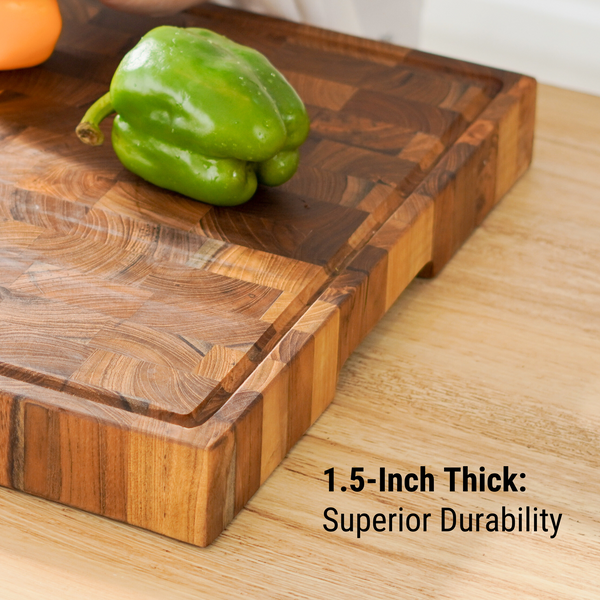 Teak Wood End-Grain Cutting Board – 17x13x1.5” Butcher Block | Handmade in Bali - Silky-Smooth, Juice Groove, Knife‑Friendly, Ergonomic Grips & Non‑Slip Feet