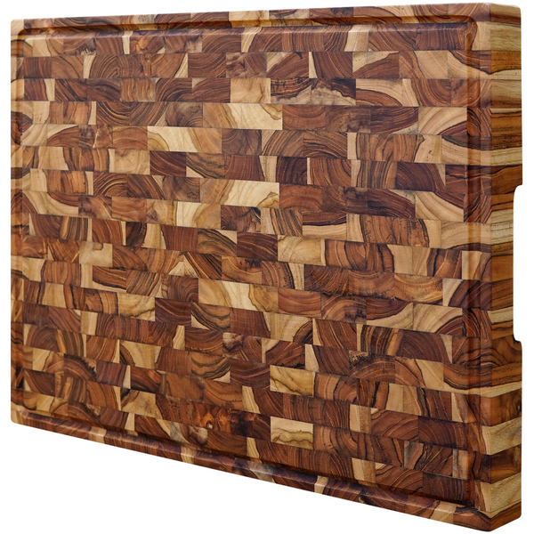 XXXL End-Grain Butcher Block Cutting Board - 2-Inch Thick, 24" x 18" Made of Premium Teak Wood| Non-Slip Feet, Juice Groove & Handles