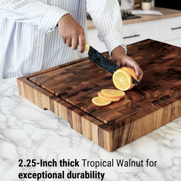 2.25-Inch Thick XXX-Large End-Grain Butcher Block Cutting Board – 24"x18" Tropical Walnut | Non-Slip Feet, Juice Groove & Handles