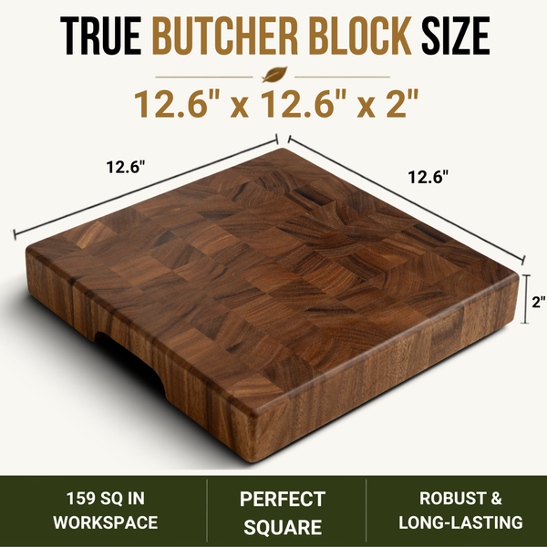 End Grain Cutting Board, 12.6 x 12.6 x 2 Inch Thick Square Butcher Block