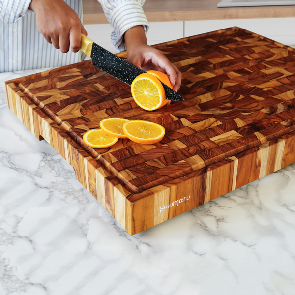 XXXL End-Grain Butcher Block Cutting Board - 2-Inch Thick, 24" x 18" Made of Premium Teak Wood| Non-Slip Feet, Juice Groove & Handles