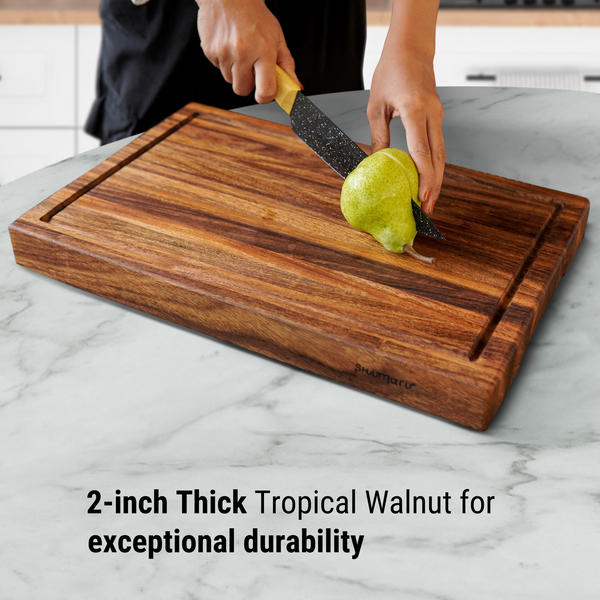 2-Inch Thick Large Butcher Block Cutting Board – 18.8" x 12.3" Made of Premium Tropical Walnut | Non-Slip Feet, Juice Groove & Handles