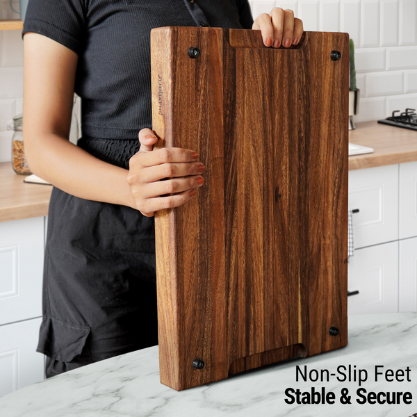 2-Inch Thick Large Butcher Block Cutting Board – 18.8" x 12.3" Made of Premium Tropical Walnut | Non-Slip Feet, Juice Groove & Handles