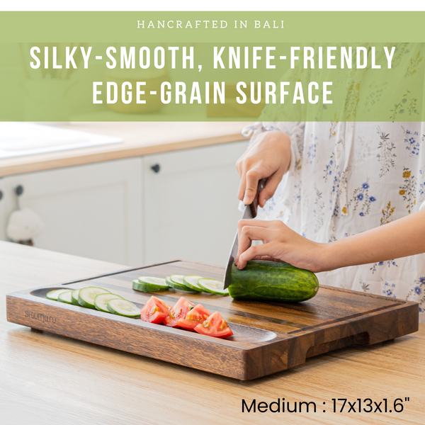 Walnut Wood Cutting Board – 17x13x1.6" Charcuterie | Handmade in Bali - Silky-Smooth, Juice Groove, Sorting Compartment, Knife‑Friendly, Ergonomic Grips & Non‑Slip Feet