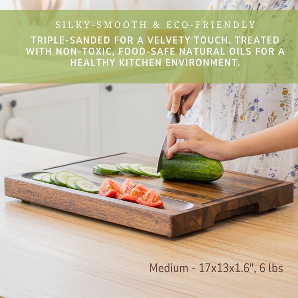 Walnut Wood Cutting Board – 17x13x1.6" Charcuterie | Handmade in Bali - Silky-Smooth, Juice Groove, Sorting Compartment, Knife‑Friendly, Ergonomic Grips & Non‑Slip Feet