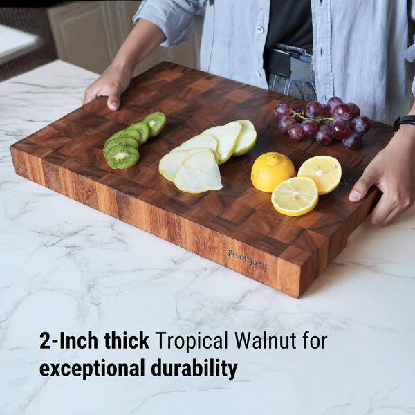 2-Inch Thick Large End-Grain Butcher Block Cutting Board – 20"x15" Tropical Walnut | Non-Slip Feet & Handles | Classic Charlston Chess Design