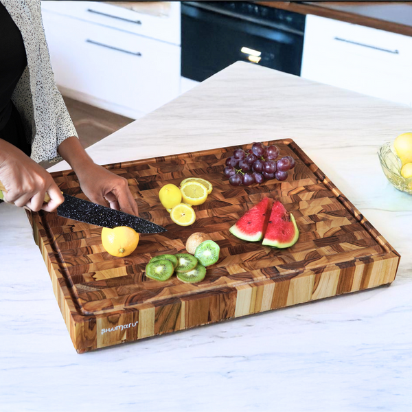 XXXL End-Grain Butcher Block Cutting Board - 2-Inch Thick, 24" x 18" Made of Premium Teak Wood| Non-Slip Feet, Juice Groove & Handles