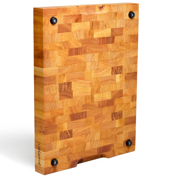 Mahogany End-Grain Wood Cutting Board – 16.5x12.6x1.6" Butcher Block | Handmade in Bali – Silky-Smooth, Juice Groove, Knife‑Friendly, Ergonomic Grips & Non‑Slip Feet