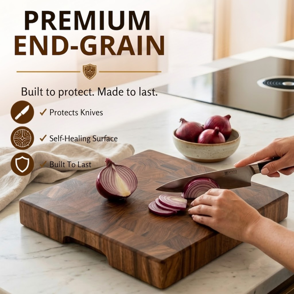 End Grain Cutting Board, 12.6 x 12.6 x 2 Inch Thick Square Butcher Block