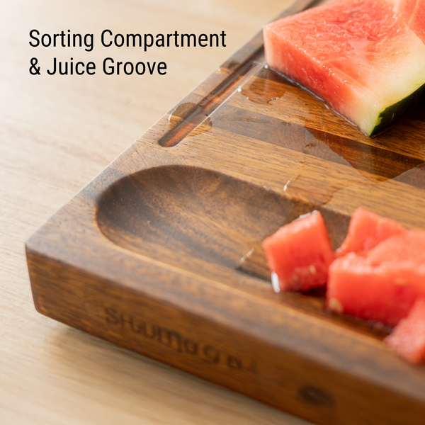 Walnut Wood Cutting Board – 17x13x1.6" Charcuterie | Handmade in Bali - Silky-Smooth, Juice Groove, Sorting Compartment, Knife‑Friendly, Ergonomic Grips & Non‑Slip Feet