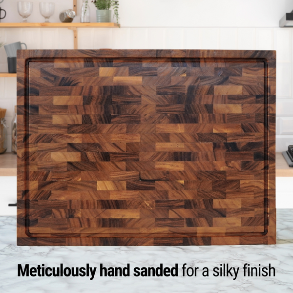 2.25-Inch Thick XXX-Large End-Grain Butcher Block Cutting Board – 24"x18" Tropical Walnut | Non-Slip Feet, Juice Groove & Handles