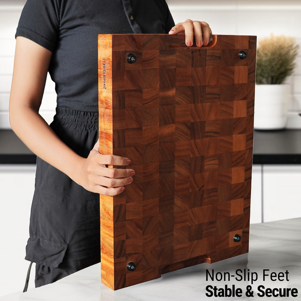 2-Inch Thick Large End-Grain Butcher Block Cutting Board – 20"x15" Tropical Walnut | Non-Slip Feet & Handles | Classic Charlston Chess Design