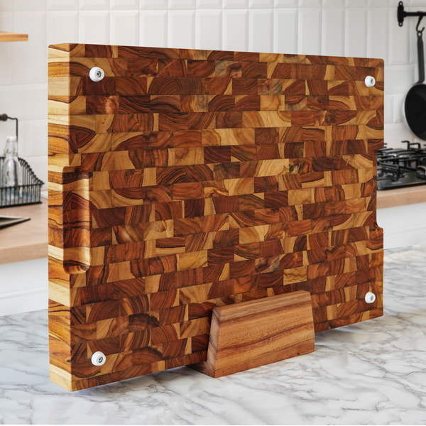 XXXL End-Grain Butcher Block Cutting Board - 2-Inch Thick, 24" x 18" Made of Premium Teak Wood| Non-Slip Feet, Juice Groove & Handles