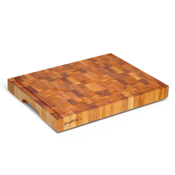 Mahogany End-Grain Wood Cutting Board – 16.5x12.6x1.6" Butcher Block | Handmade in Bali – Silky-Smooth, Juice Groove, Knife‑Friendly, Ergonomic Grips & Non‑Slip Feet