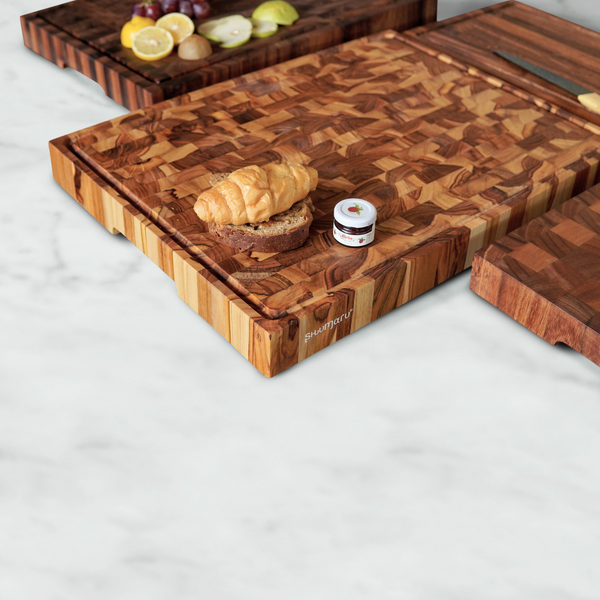 XXXL End-Grain Butcher Block Cutting Board - 2-Inch Thick, 24" x 18" Made of Premium Teak Wood| Non-Slip Feet, Juice Groove & Handles