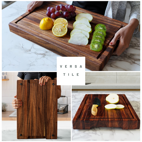 2-Inch Thick Large Butcher Block Cutting Board – 18.8" x 12.3" Made of Premium Tropical Walnut | Non-Slip Feet, Juice Groove & Handles