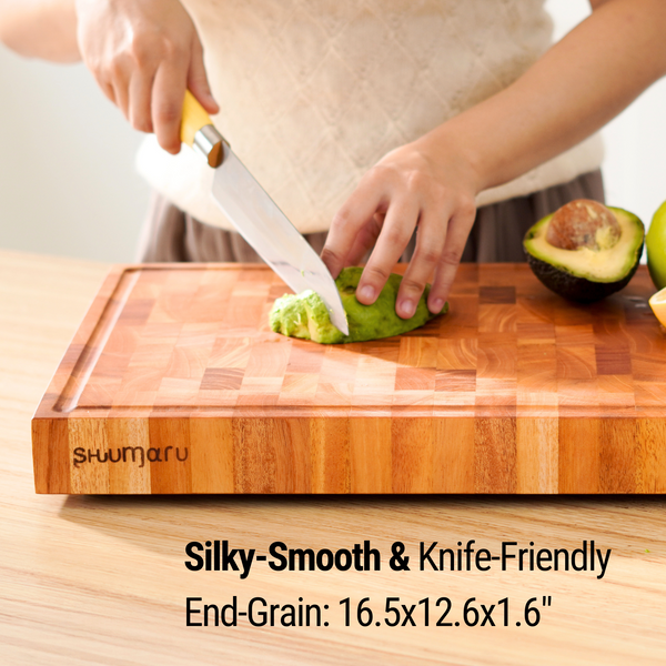 Mahogany End-Grain Wood Cutting Board – 16.5x12.6x1.6" Butcher Block | Handmade in Bali – Silky-Smooth, Juice Groove, Knife‑Friendly, Ergonomic Grips & Non‑Slip Feet