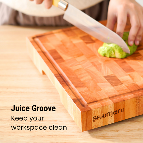 Mahogany End-Grain Wood Cutting Board – 16.5x12.6x1.6" Butcher Block | Handmade in Bali – Silky-Smooth, Juice Groove, Knife‑Friendly, Ergonomic Grips & Non‑Slip Feet