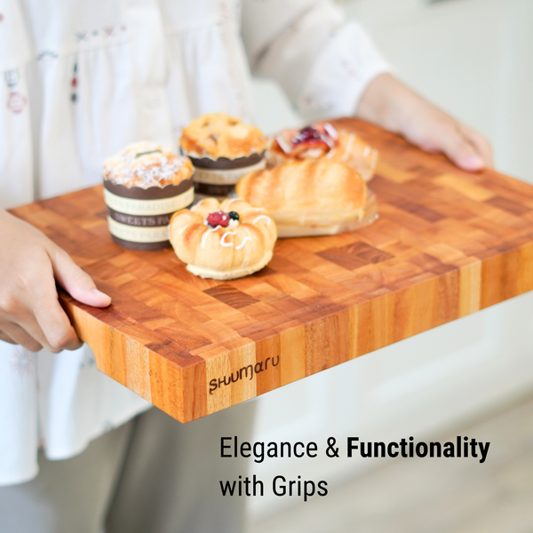 Mahogany End-Grain Wood Cutting Board – 16.5x12.6x1.6" Butcher Block | Handmade in Bali – Silky-Smooth, Juice Groove, Knife‑Friendly, Ergonomic Grips & Non‑Slip Feet